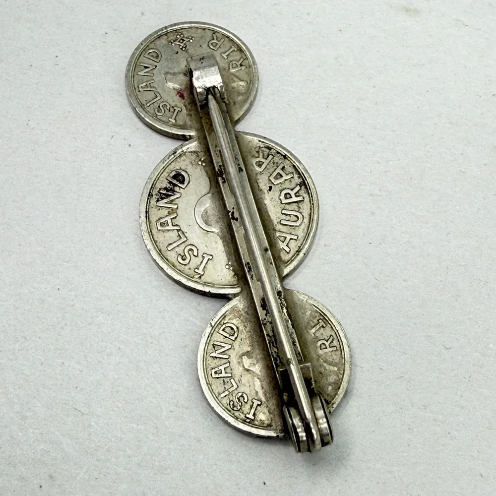 Vintage 1942 Iceland Coin Brooch Christian X Konungur Islands‎ 25 10 Aurar Pin